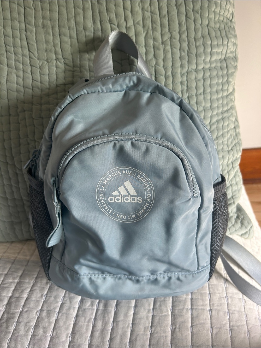 adidas Powder Blue Mini Backpack with Gray Mesh Pockets